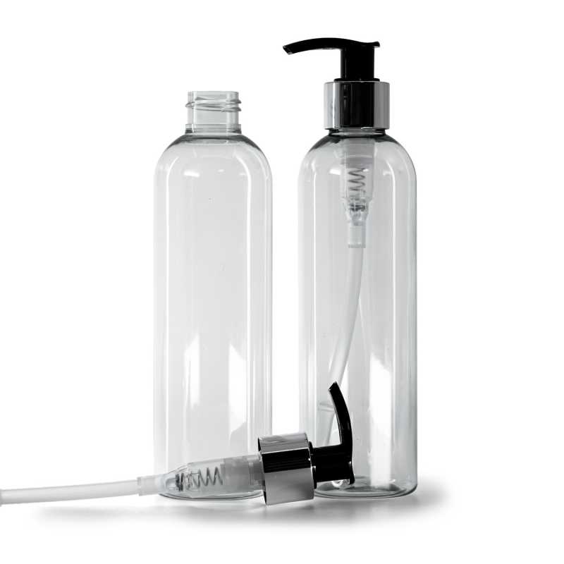 Bouteille en plastique recyclé, pompe à lotion noire avec col argenté brillant, 250 ml