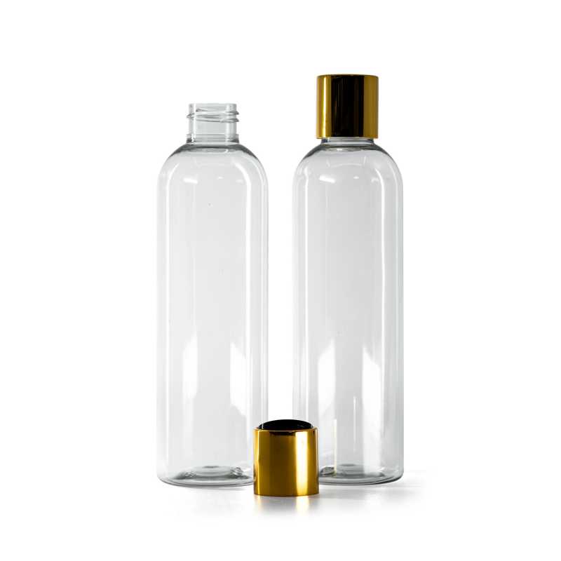 Bouteille en plastique recyclé, bouchon en plastique noir avec col en aluminium doré, 250 ml