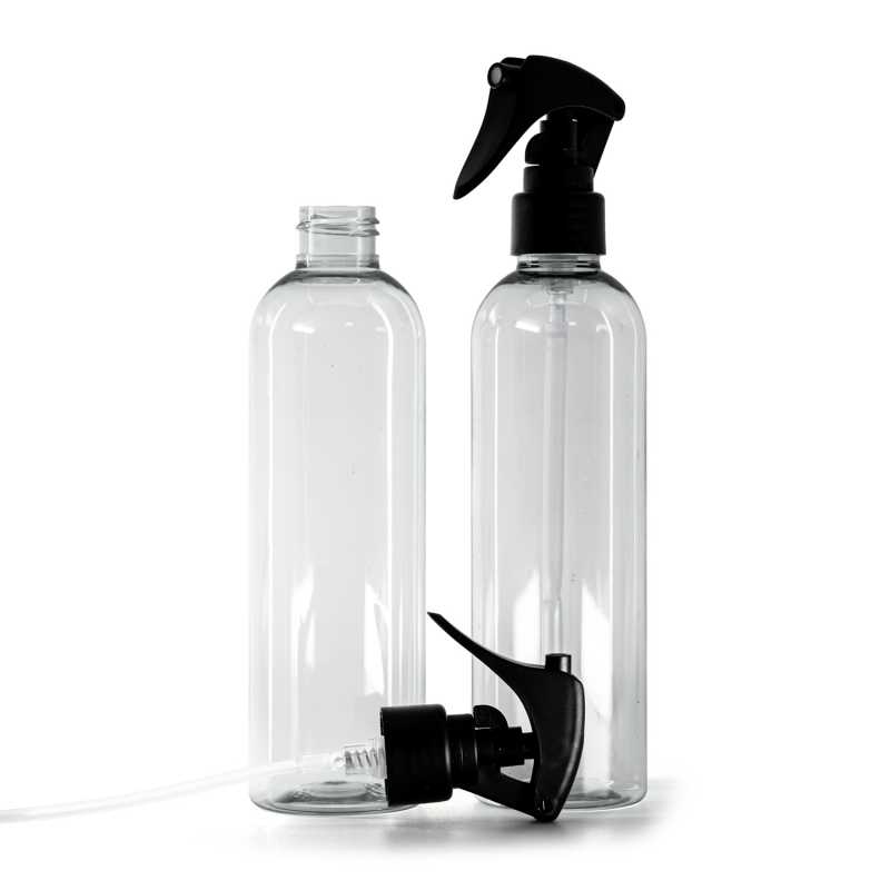 Bouteille en plastique recyclé, mini-vaporisateur à gâchette, noir mat, col lisse, 250 ml