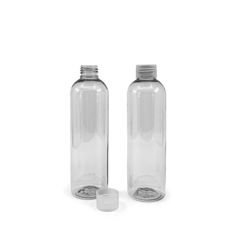 Bouteille en plastique recyclé transparent, bouchon en plastique transparent, 250 ml