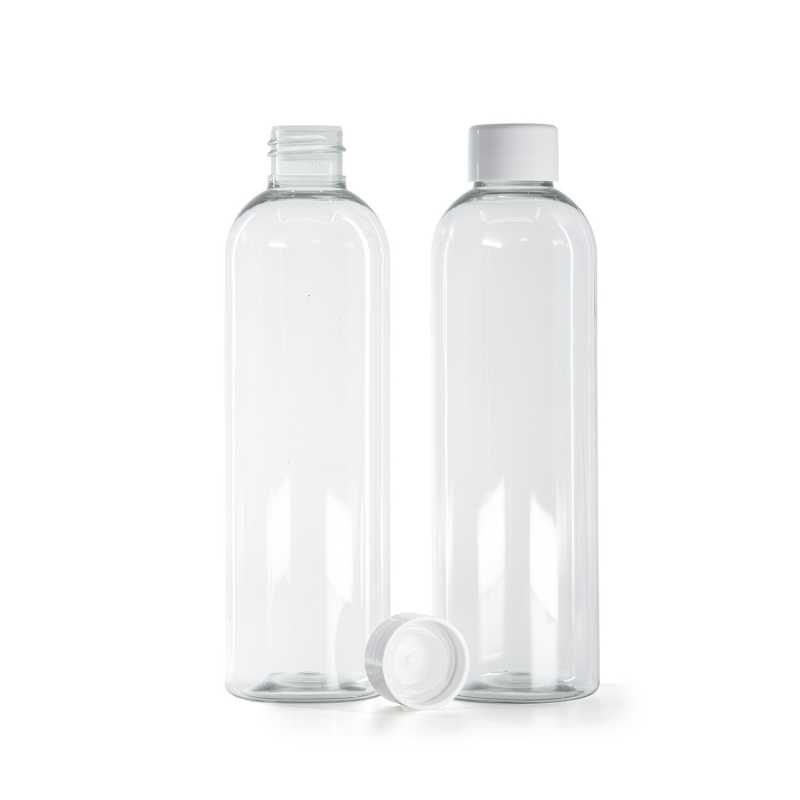 Flacon en plastique recyclé, capsule lisse blanche avec réducteur, 250 ml