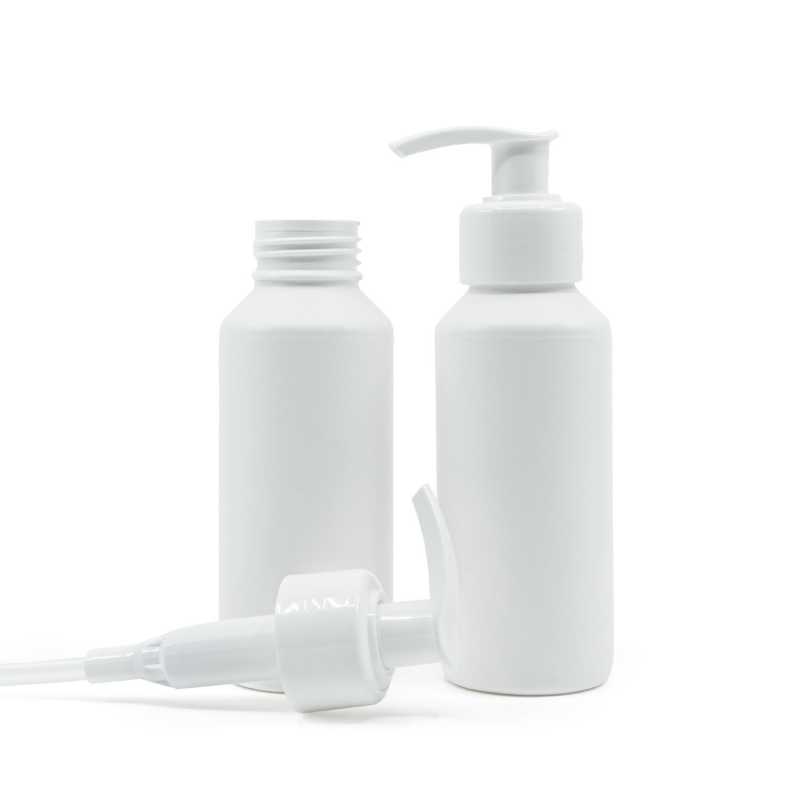 Bouteille plastique blanche, HDPE, pompe blanche, 100 ml