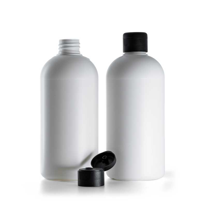 Flacon plastique HDPE, blanc, flip-top noir mat, 500 ml