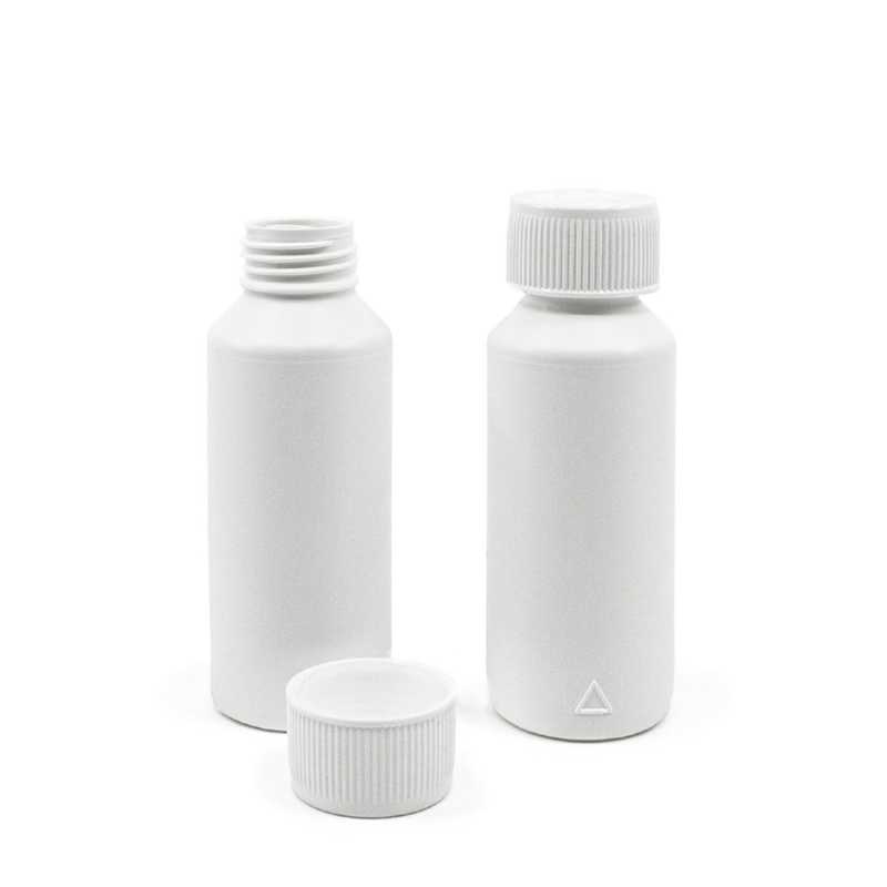 Bouteille plastique blanche, HDPE, bouchon de sécurité, 100 ml