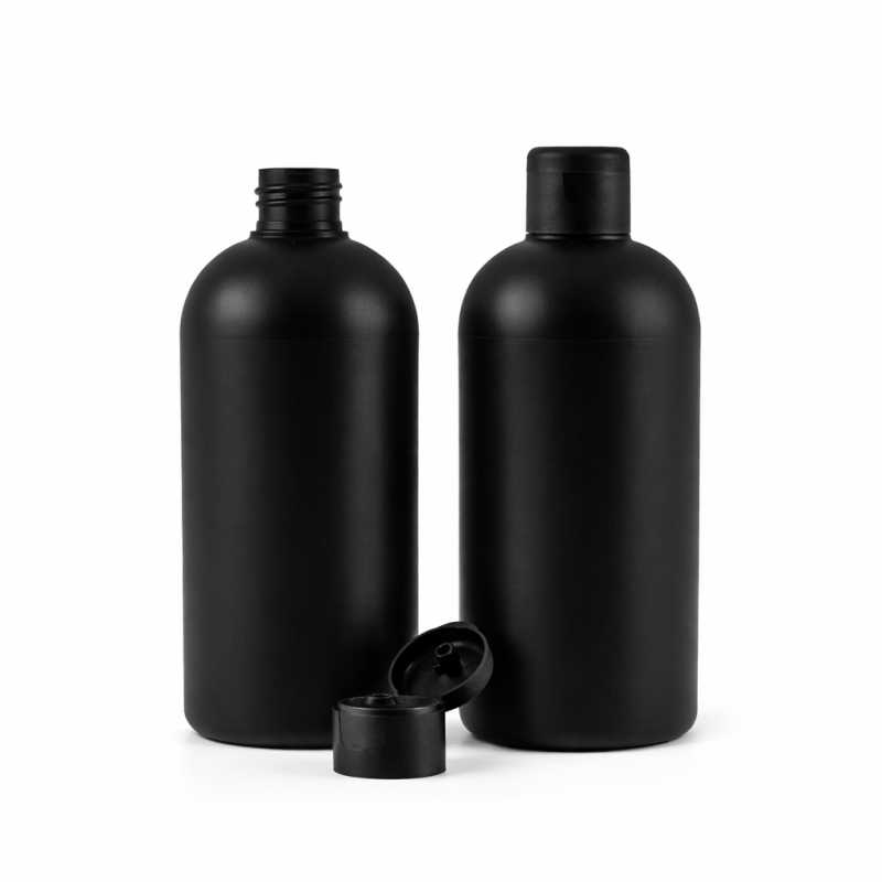 Flacon en plastique noir HDPE, bouchon flip-top noir mat, 500 ml