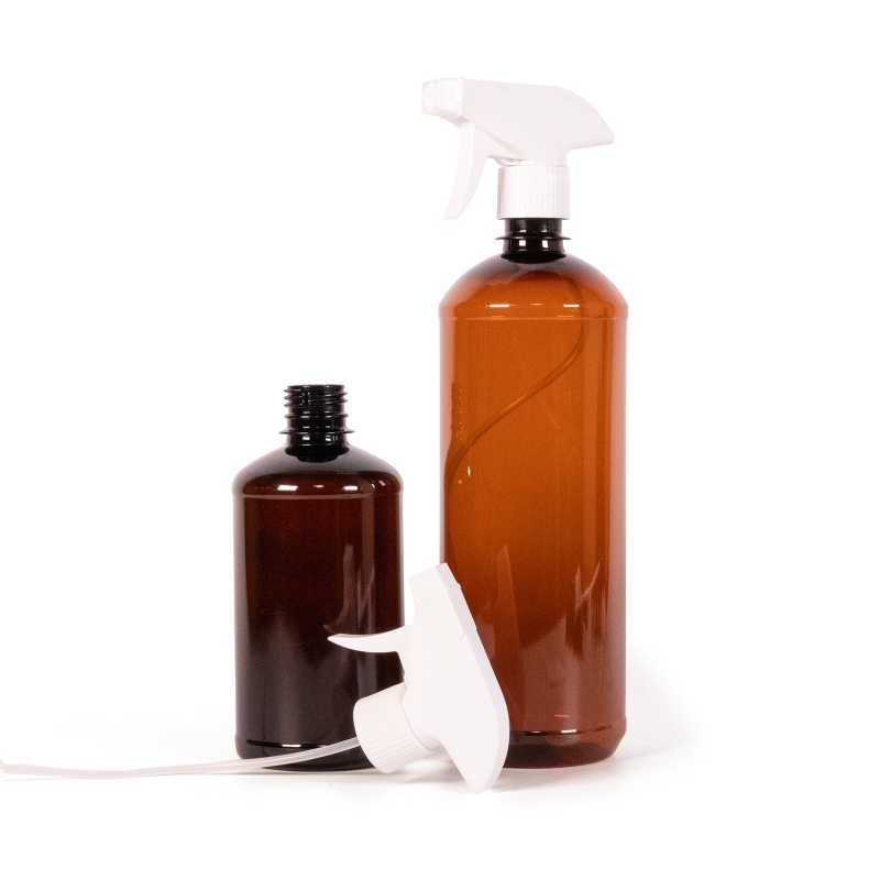 Bouteille en plastique marron, vaporisateur à gâchette blanc, 500 ml