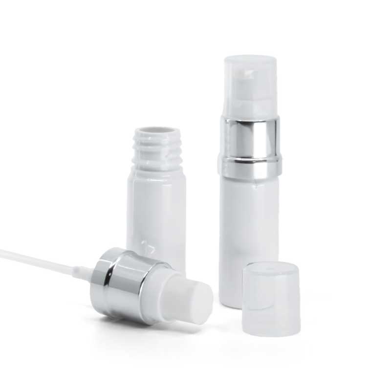 Flacon en plastique blanc, pompe blanche argentée brillante, 10 ml