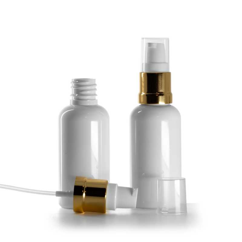 Flacon en plastique blanc, pompe en or blanc brillant, 50 ml