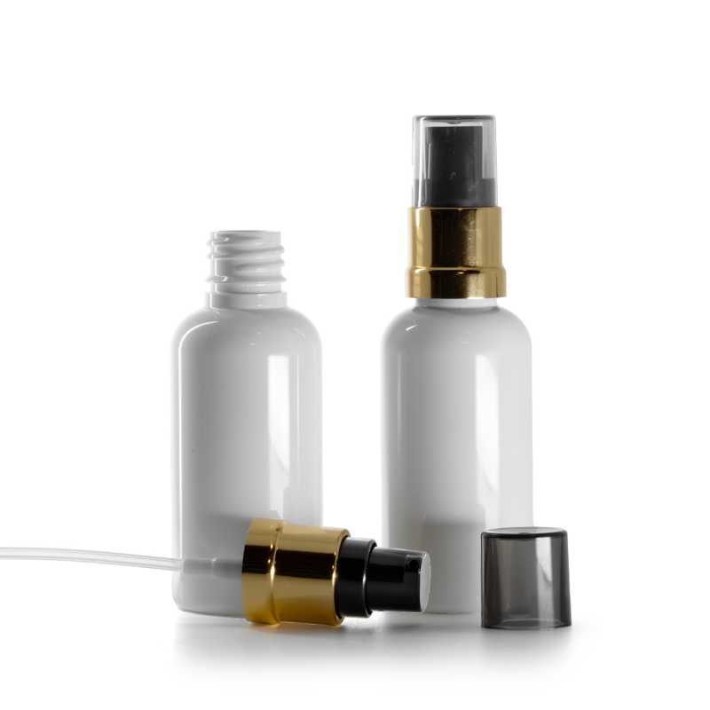 Flacon en plastique blanc, pompe noire dorée brillante, 50 ml