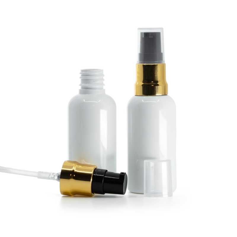 Flacon en plastique blanc, pompe noire dorée brillante avec bouchon transparent, 50 ml