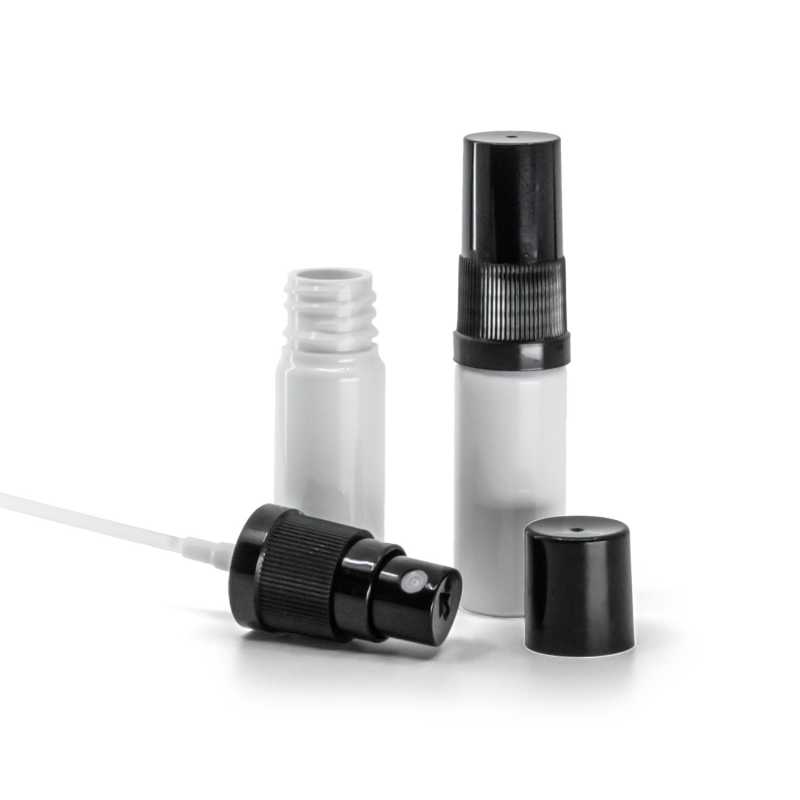 Flacon en plastique blanc, vaporisateur noir pour brume fine, bouchon noir, 10 ml