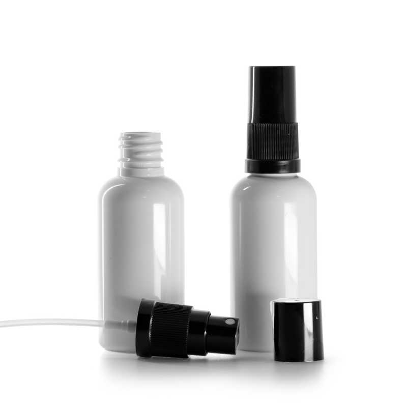 Flacon en plastique blanc, vaporisateur noir pour brume fine, bouchon noir, 50 ml