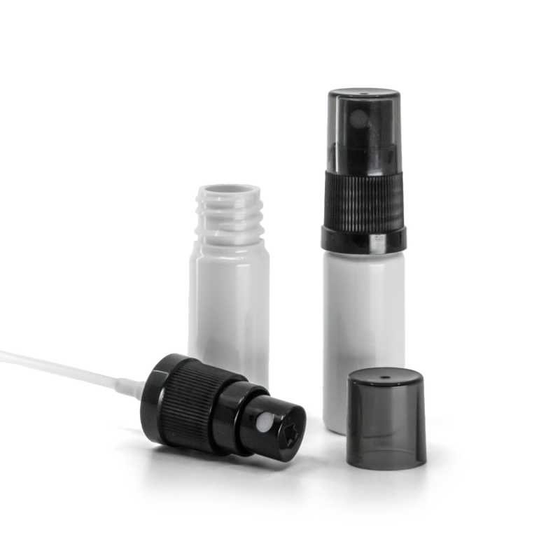 Flacon en plastique blanc, vaporisateur noir, bouchon fumé, 10 ml