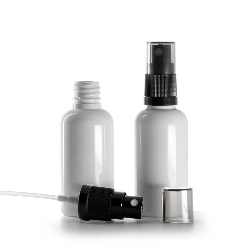 Flacon en plastique blanc, vaporisateur noir, bouchon fumé, 50 ml
