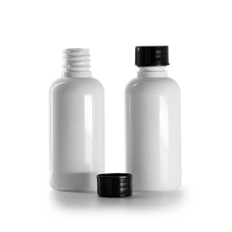 Bouteille en plastique blanc, bouchon noir, 50 ml