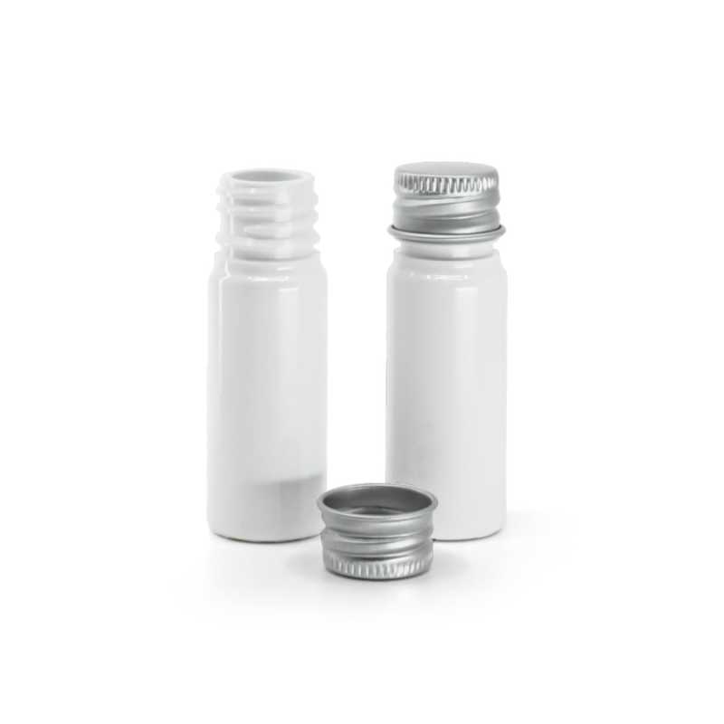 Flacon en plastique blanc, bouchon en aluminium argenté, 10 ml
