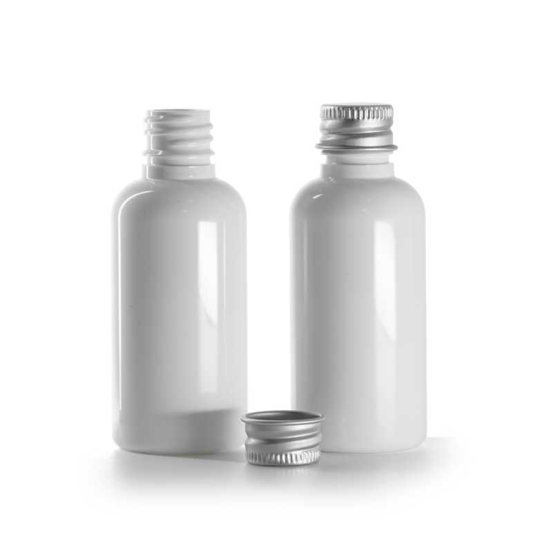 Bouteille en plastique blanc, bouchon en aluminium argenté, 50 ml