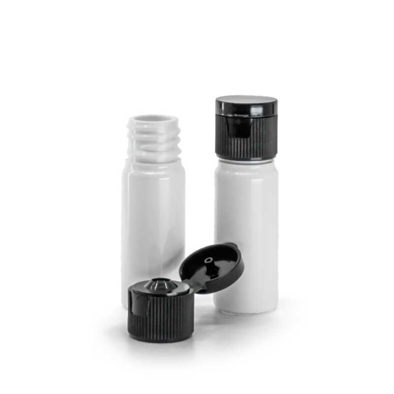 Flacon en plastique blanc, bouchon en plastique noir, 18/410, 10 ml