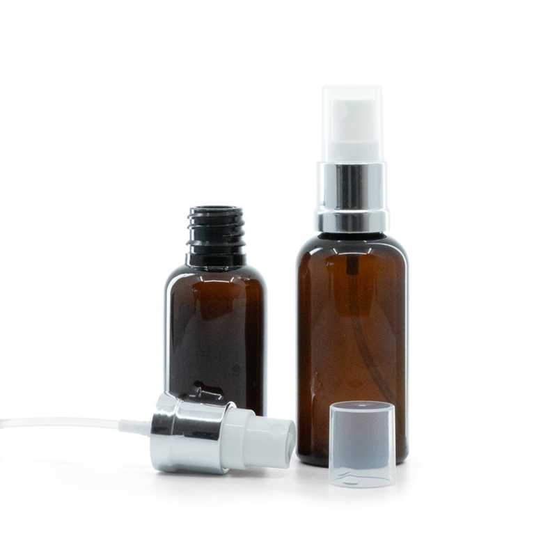 Bouteille en plastique ambrée, spray blanc argenté, 30 ml