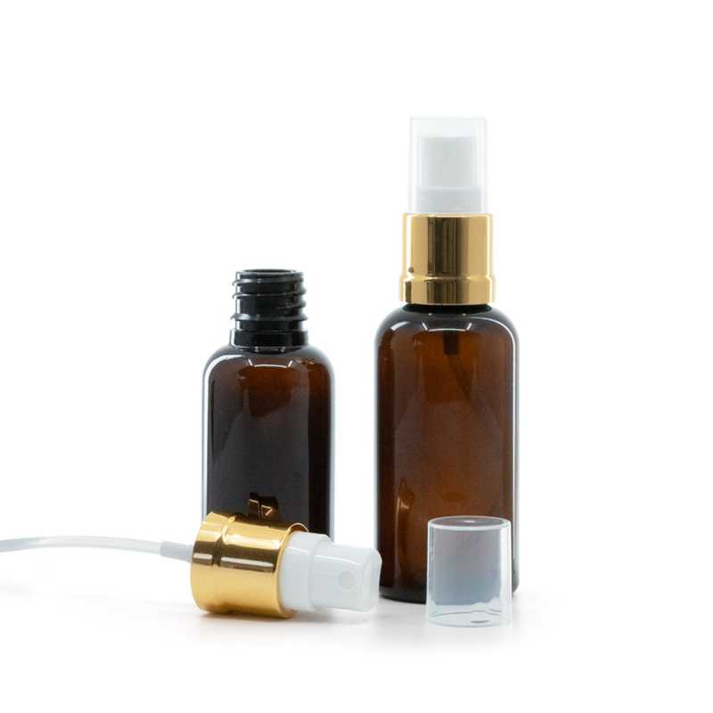 Bouteille en plastique ambrée, spray blanc doré, 50 ml