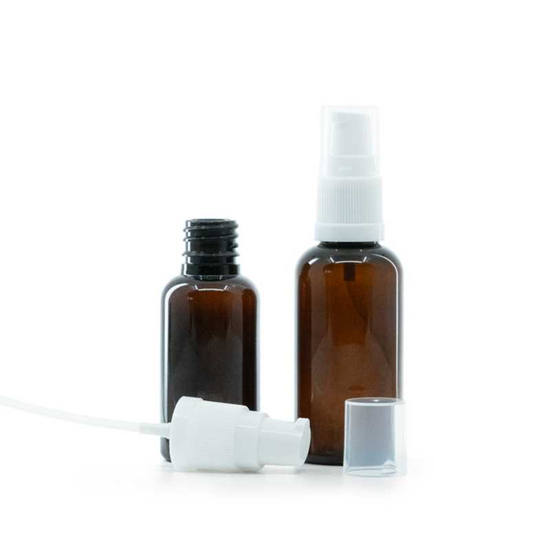 Flacon en plastique ambré, pompe à lotion blanche, 30 ml