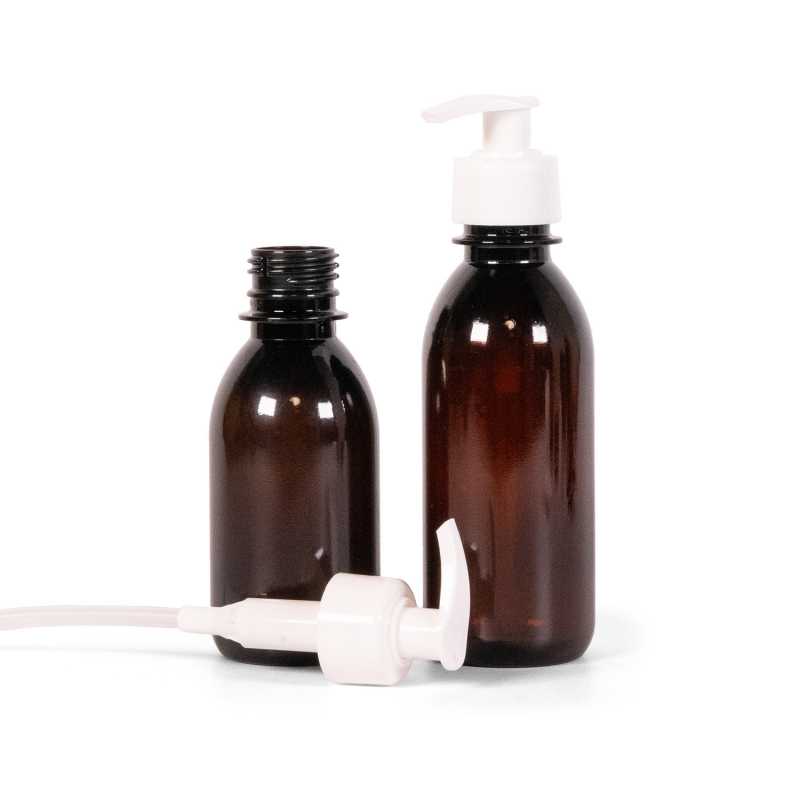Flacon en plastique brun, pompe lisse blanche 130 mm, 150 ml