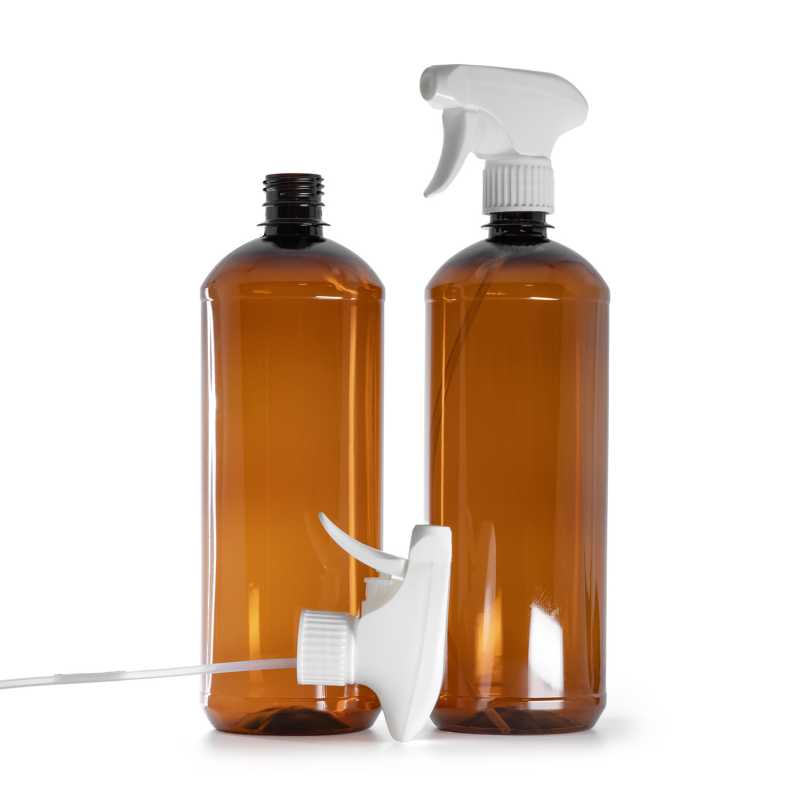 Flacon en plastique brun, pulvérisateur à gâchette blanc, 1000 ml