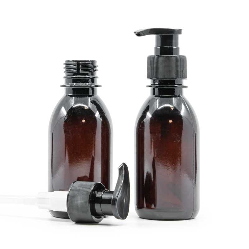 Bouteille en plastique marron, pompe à lotion noire, 150 ml