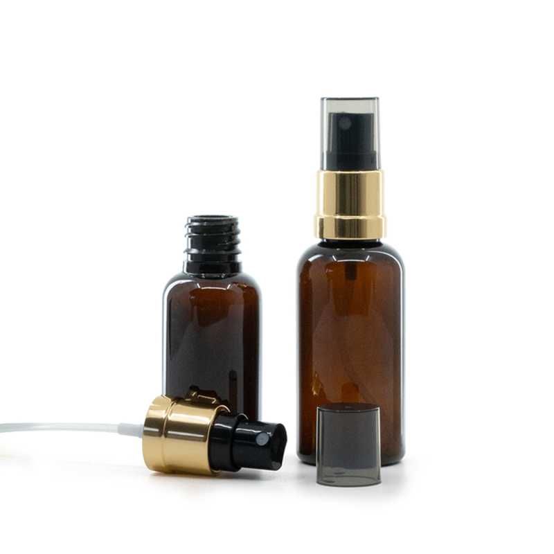 Flacon en plastique ambré, vaporisateur noir et or, surcapuchon fumé, 50 ml