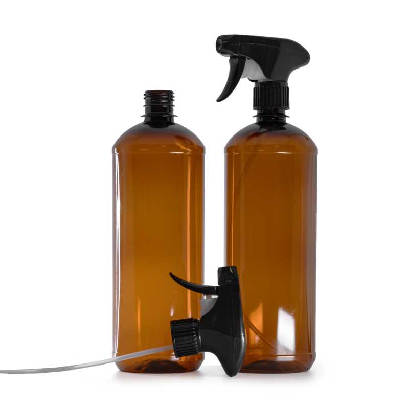 Bouteille en plastique marron, vaporisateur à gâchette noir, 1000 ml