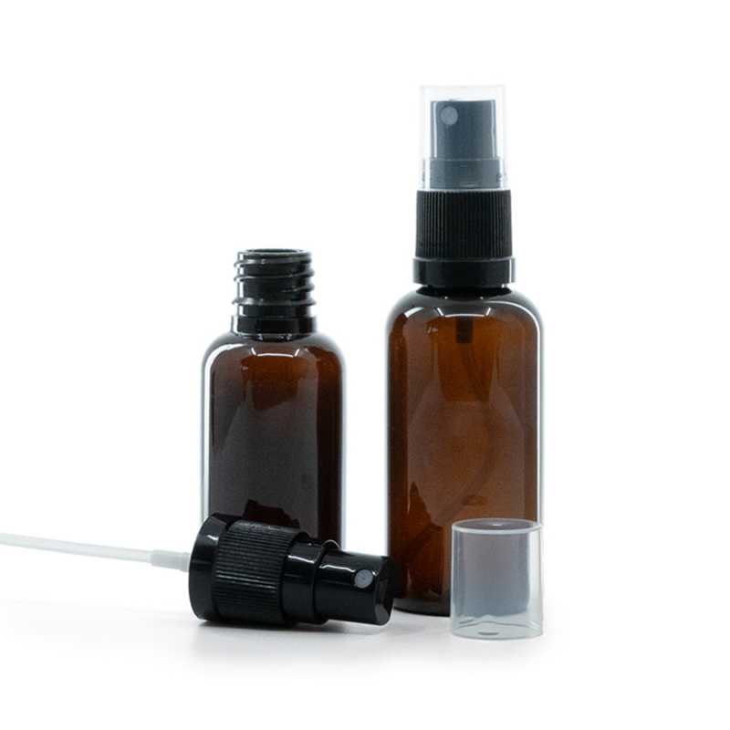 Bouteille en plastique ambrée, spray noir, 50 ml