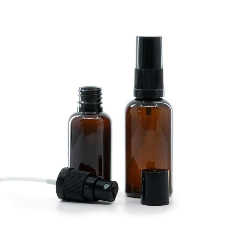 Bouteille en plastique ambrée, vaporisateur noir pour brume fine, bouchon noir, 30 ml