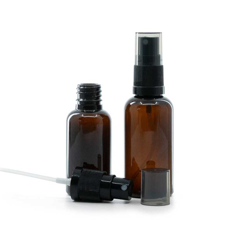Flacon en plastique brun, spray brume fine noir, surcapuchon fumé, 30 ml