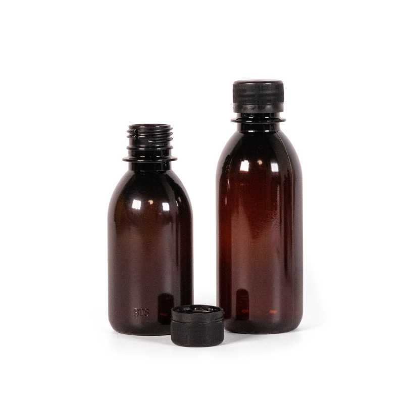 Bouteille en plastique marron, bouchon noir, 150 ml