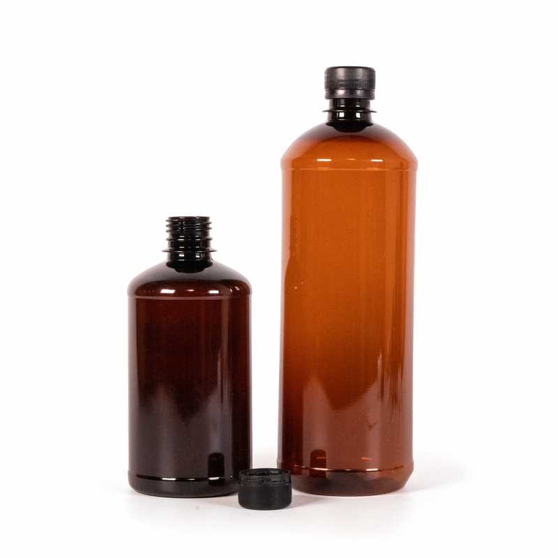 Bouteille en plastique marron, bouchon noir, 500 ml
