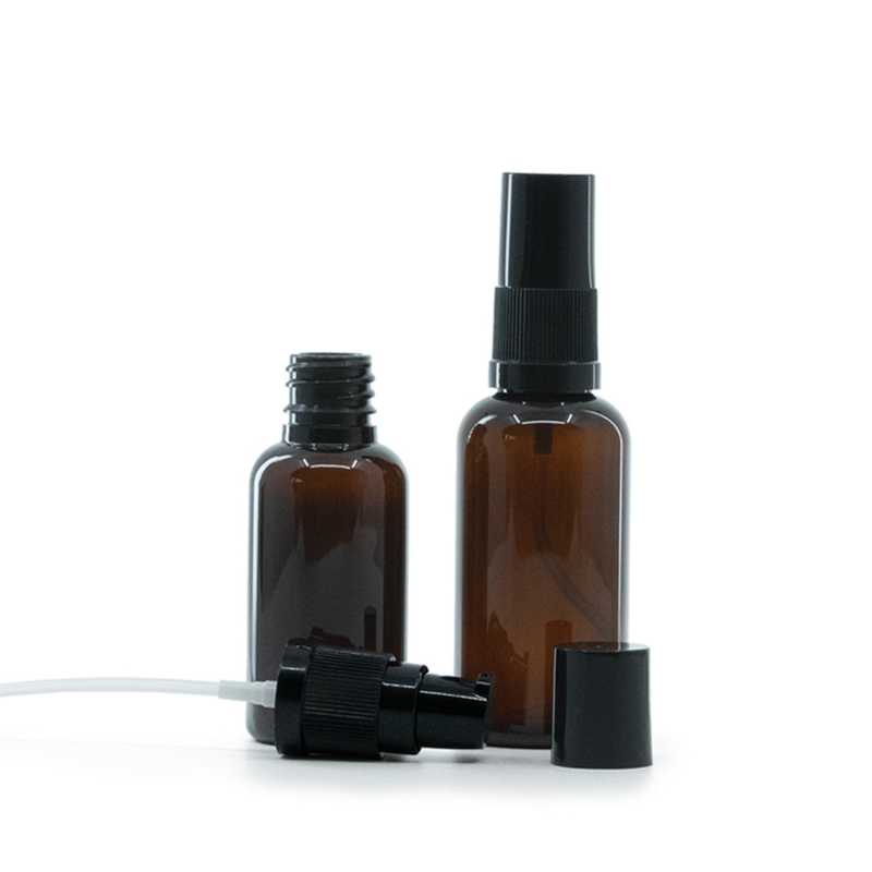 Bouteille en plastique ambrée, pompe à lotion noire avec bouchon noir, 30 ml