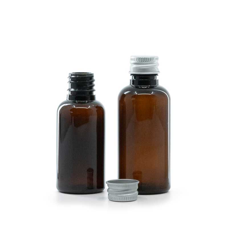 Bouteille en plastique ambrée, bouchon en aluminium argenté, 30 ml