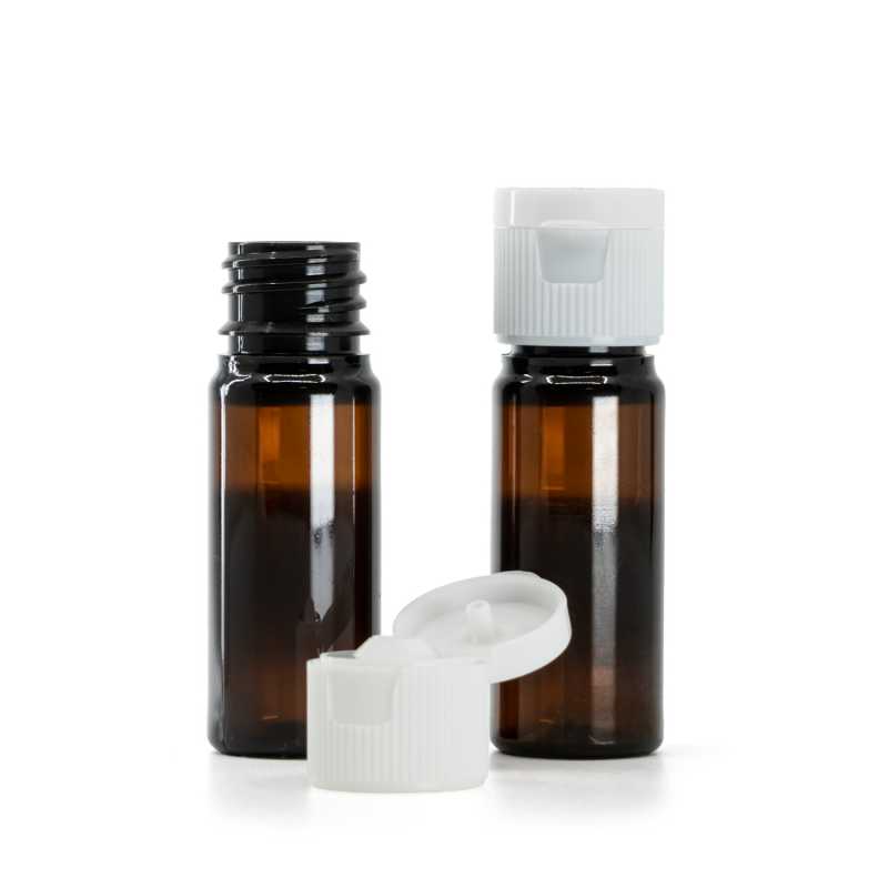 Flacon en plastique ambré, bouchon blanc, 18/410, 10 ml