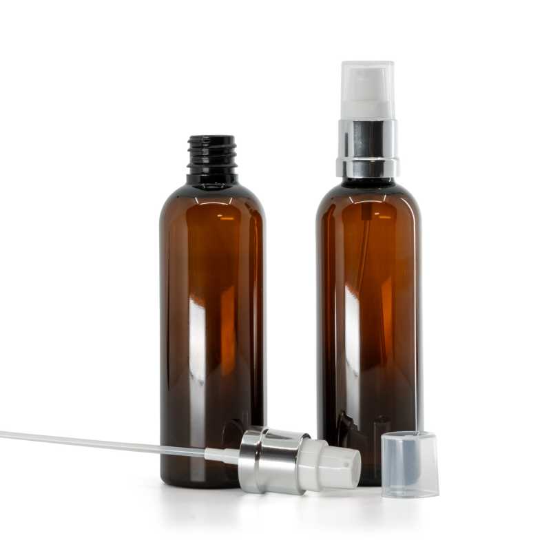 Bouteille en plastique ambrée, pompe blanche argentée brillante, 100 ml