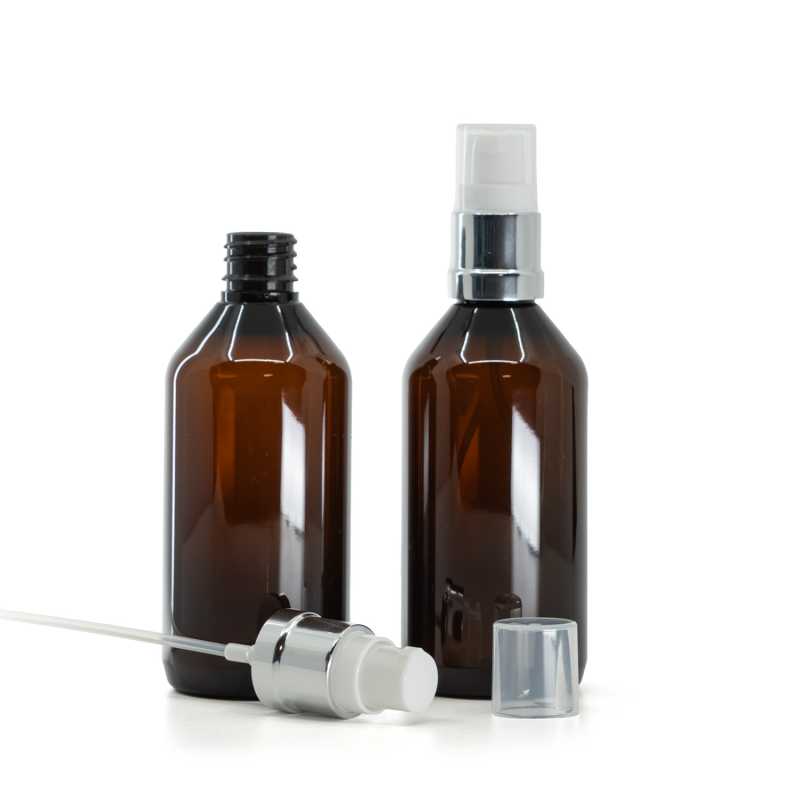 Bouteille en plastique ambrée, pompe blanche argentée brillante, 115 ml