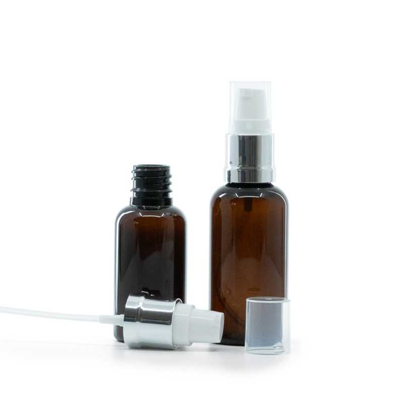 Flacon plastique Ambre, pompe brillante argentée blanche, 30 ml