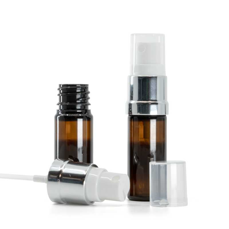 Flacon en plastique ambré, spray blanc argenté, 10 ml