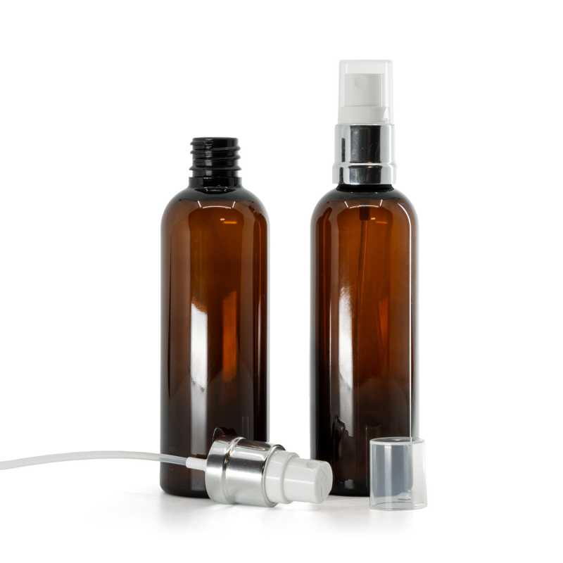 Bouteille en plastique ambrée, spray blanc argenté, 100 ml