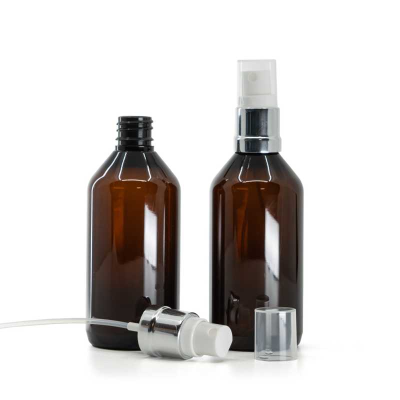 Bouteille en plastique ambrée, spray blanc argenté, 115 ml