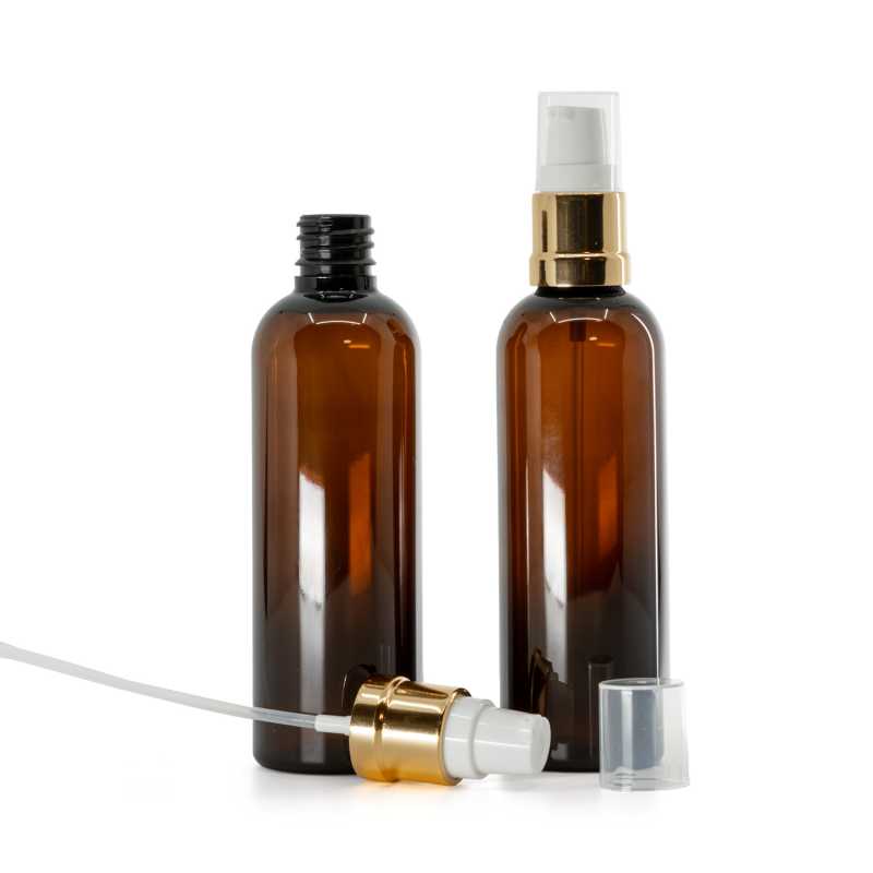 Bouteille en plastique ambrée, pompe brillante blanc doré, 100 ml