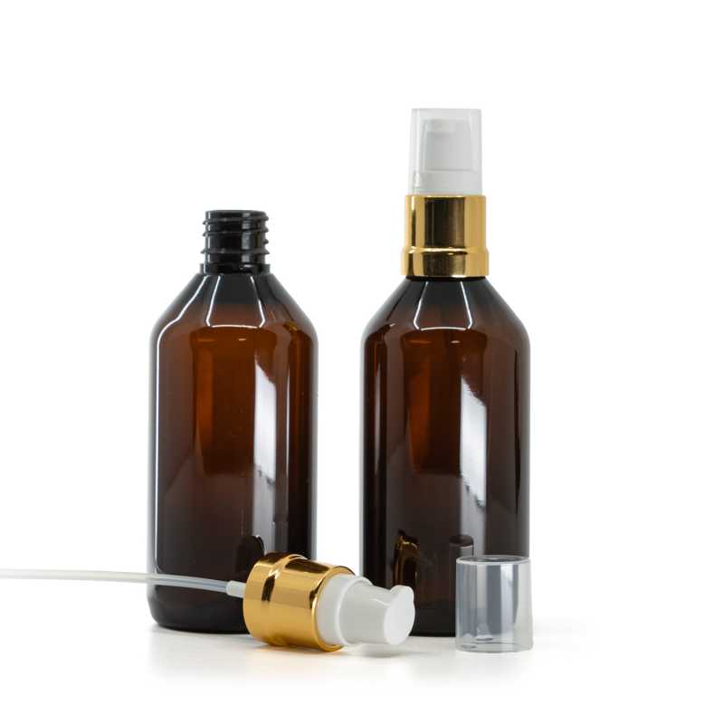 Bouteille en plastique ambrée, pompe brillante blanc doré, 115 ml