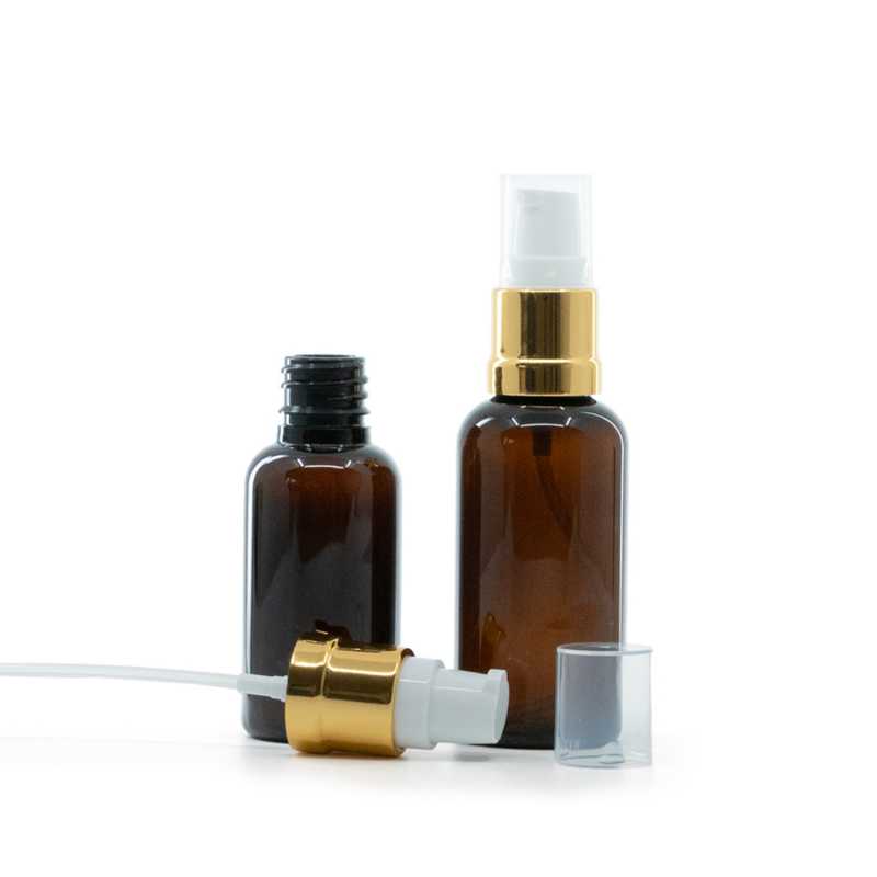 Flacon plastique d'Ambre, pompe or blanc brillant, 30 ml