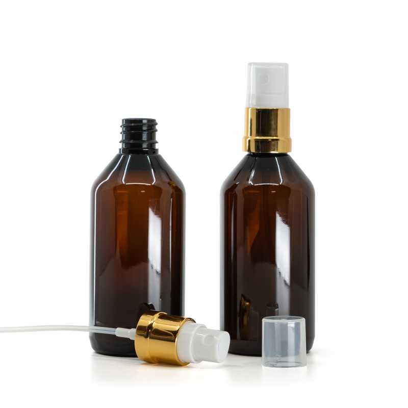 Bouteille en plastique ambrée, spray blanc doré, 115 ml