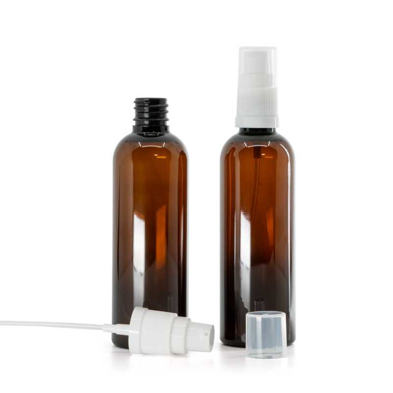 Bouteille en plastique ambrée, pompe à lotion blanche, 100 ml