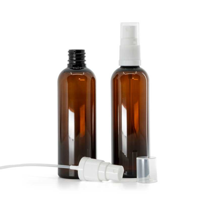 Bouteille en plastique ambrée, spray blanc, 100 ml